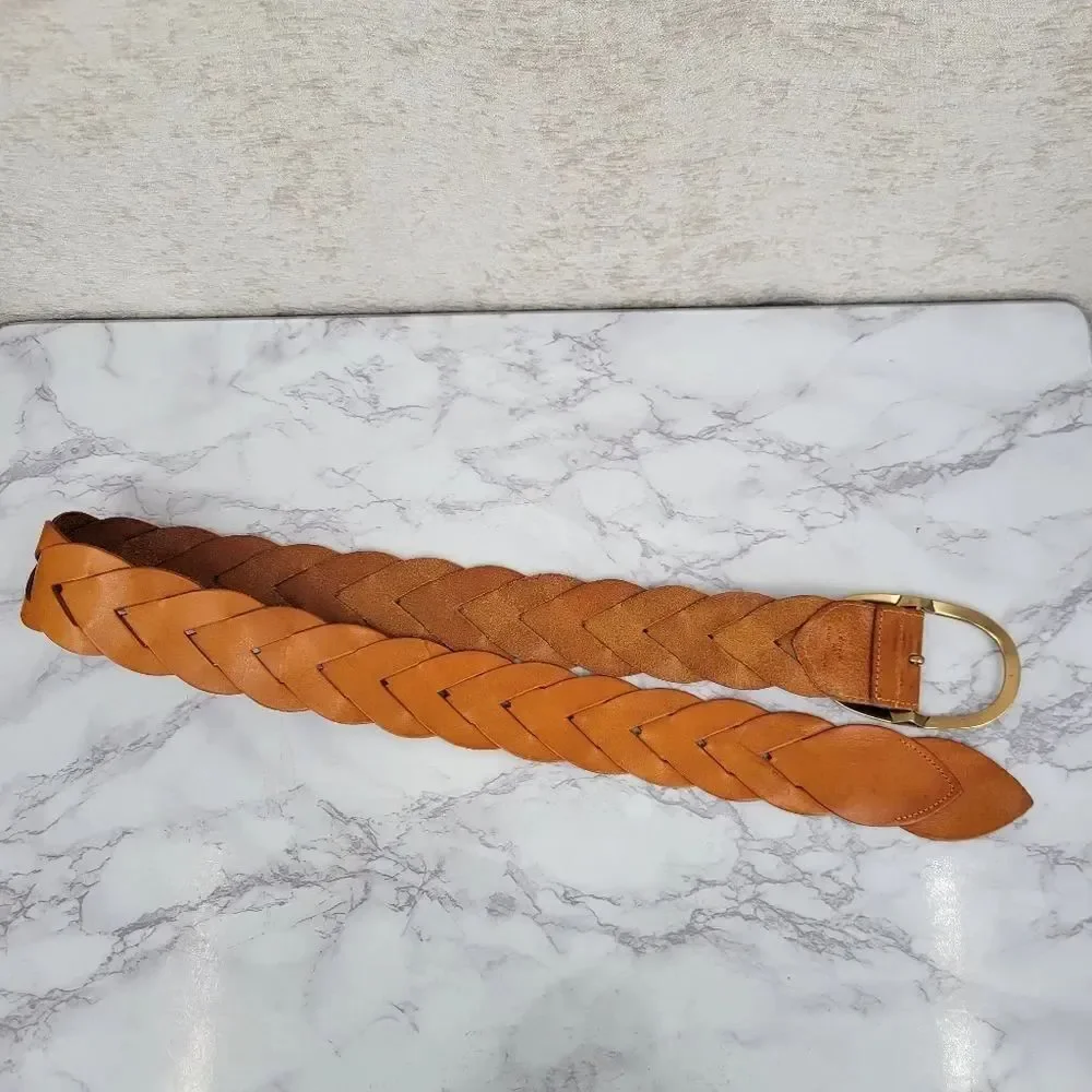 Miss Me Braided Woven Orangey Tan Leather Belt with Large Gold Toned Oval Buckle